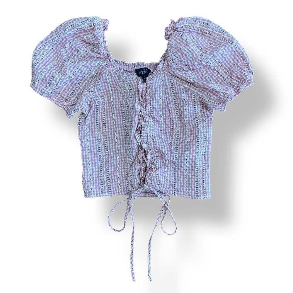 Milk & Honey Gingham Floral Tie Front Top Womens Size S Pink‎ Brown